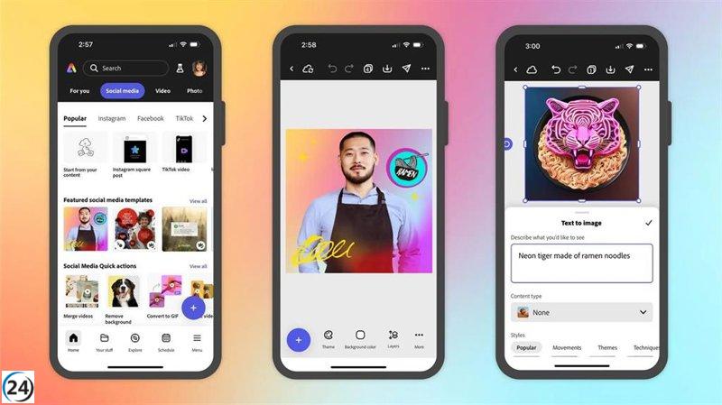 Adobe Express lanza IA generativa de Firefly en dispositivos Android y iOS.