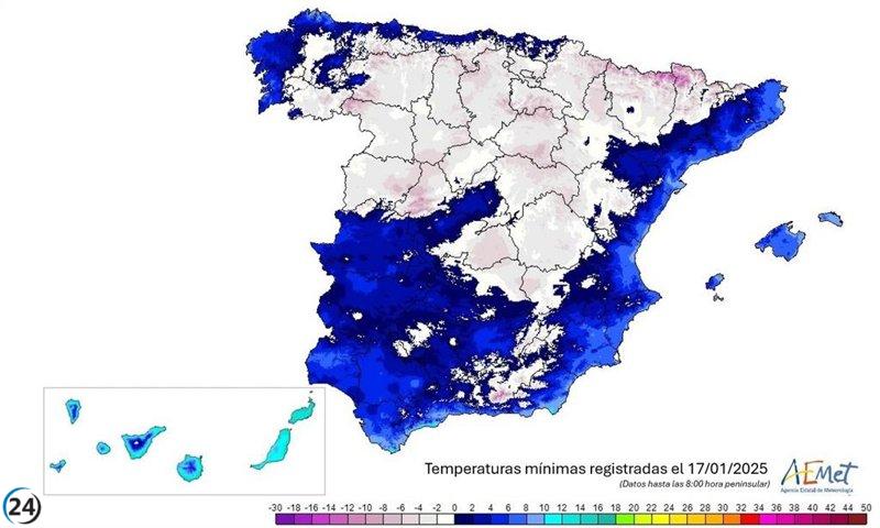 Sierra Nevada enfrenta heladas récord de -12,4ºC, mientras que la meseta norte desciende por debajo de -7ºC.