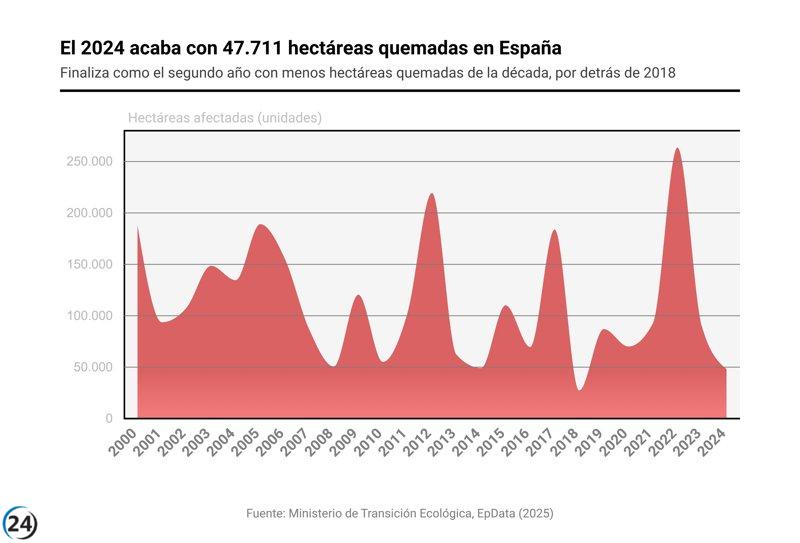 España cierra 2024 con 47.711 hectáreas afectadas por incendios, el mejor registro en diez años.