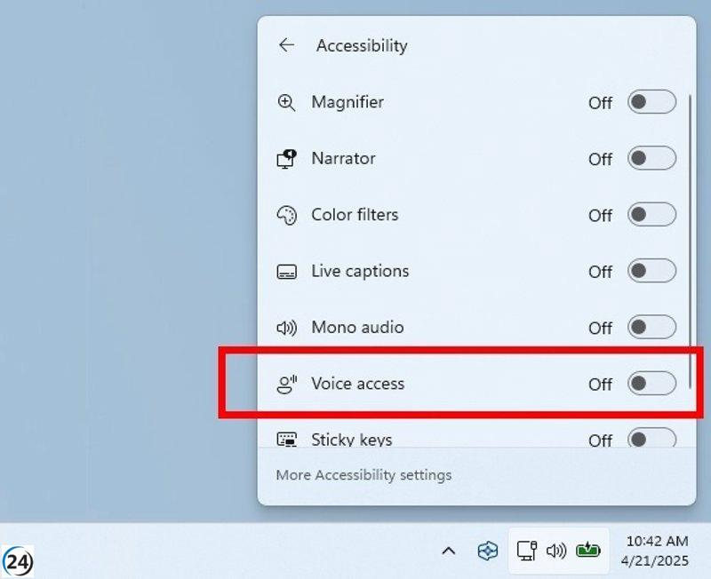 Windows 11 facilitará la activación del 'Acceso por voz' desde la barra de tareas.