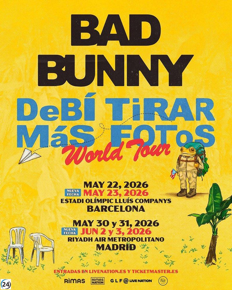 Bad Bunny amplía su gira 2026 con más conciertos en Barcelona y Madrid.