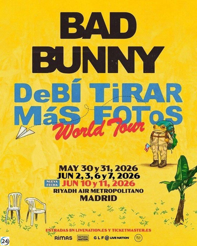 Bad Bunny expande su gira 2026 con nuevos conciertos en Barcelona y Madrid.