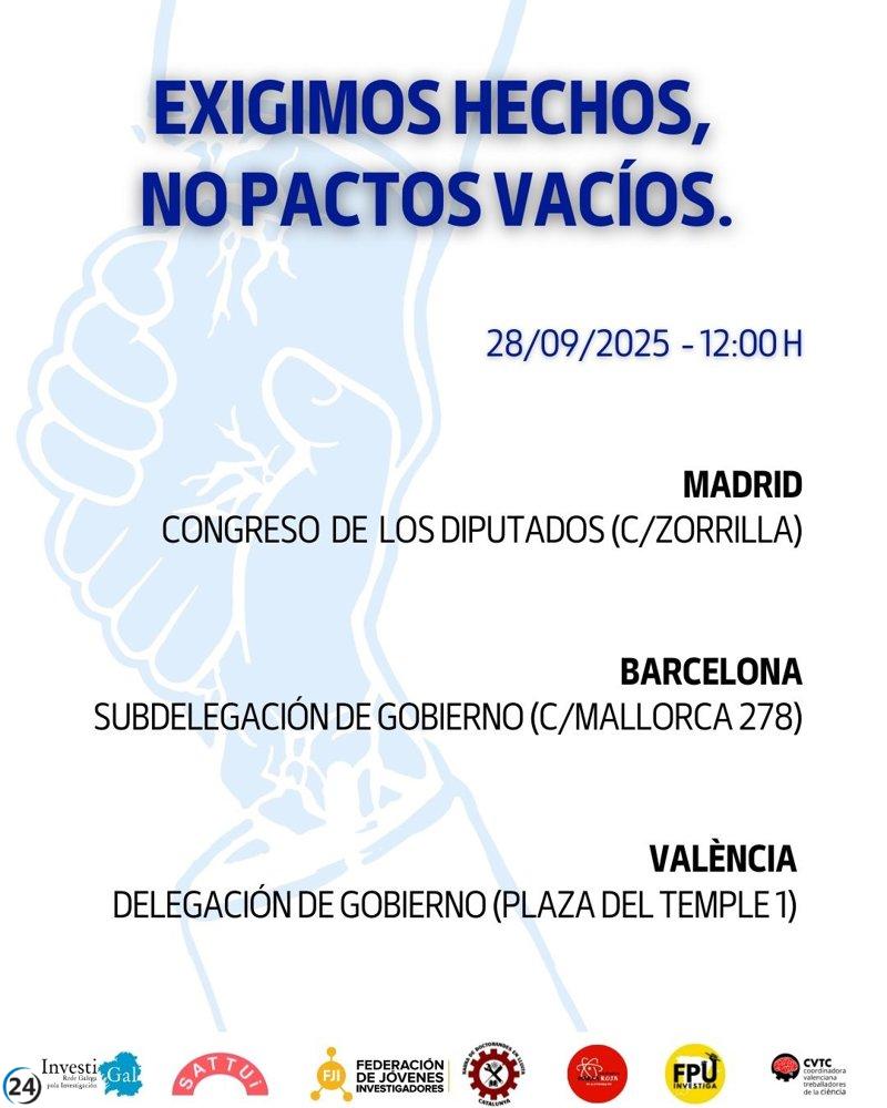 Protestas en Madrid, Barcelona y Valencia reclamarán el cumplimiento del Pacto por la Ciencia este domingo.