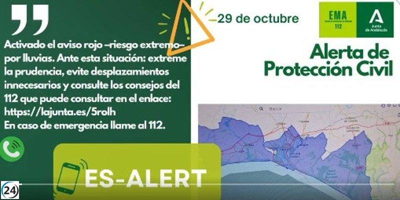 Alerta roja por lluvias en Huelva: Protección Civil activa aviso a teléfonos móviles.