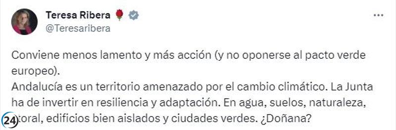 Ribera exhorta a Moreno a actuar en lugar de lamentarse después de solicitar fondos de la UE para obras hidráulicas en Doñana.