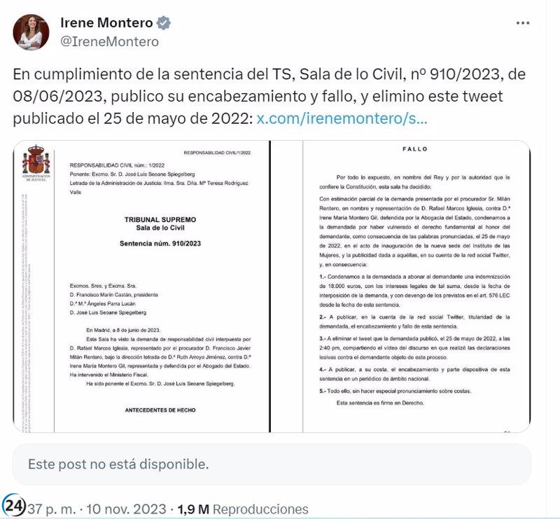 Irene Montero acata orden judicial y elimina tuit señalando a exmarido de María Sevilla como maltratador.