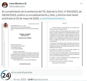 Irene Montero acata orden judicial y elimina tuit señalando a exmarido de María Sevilla como maltratador.