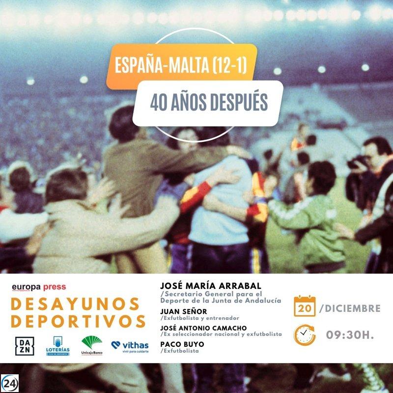 Ídolos futbolísticos Buyo, Camacho y Señor en el foco mediático de los Desayunos Deportivos de EP este miércoles, recordando la victoria histórica de 12-1 sobre Malta.